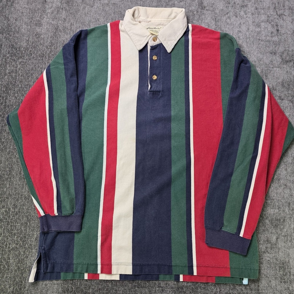 Vtg 90s Eddie Bauer Rugby Polo Shirt Mens Large Colorblock Corduroy Collar L